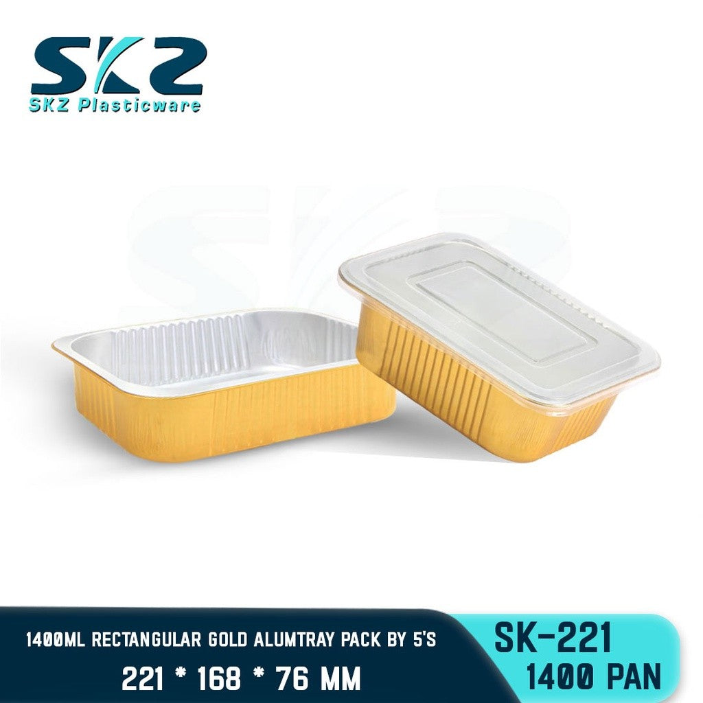 SKZ W/Lid RECTANGULAR GOLD ALUMINUM TRAY [SK-221 1400ml]  ENVIRONMENTAL FRIENDLY FOOD STORAGE