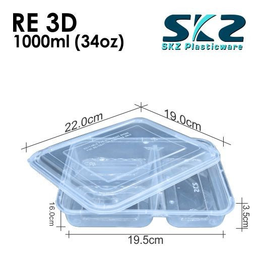 SKZ CLEAR  RECTANGULAR 3 DIVISION RE-3D SERIES  ENVIRONMENTAL FRIENDLY FOOD STORAGE MICROWAVABLE