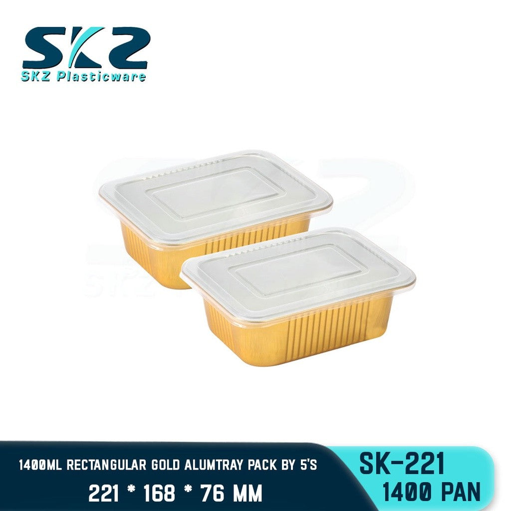 SKZ W/Lid RECTANGULAR GOLD ALUMINUM TRAY [SK-221 1400ml]  ENVIRONMENTAL FRIENDLY FOOD STORAGE