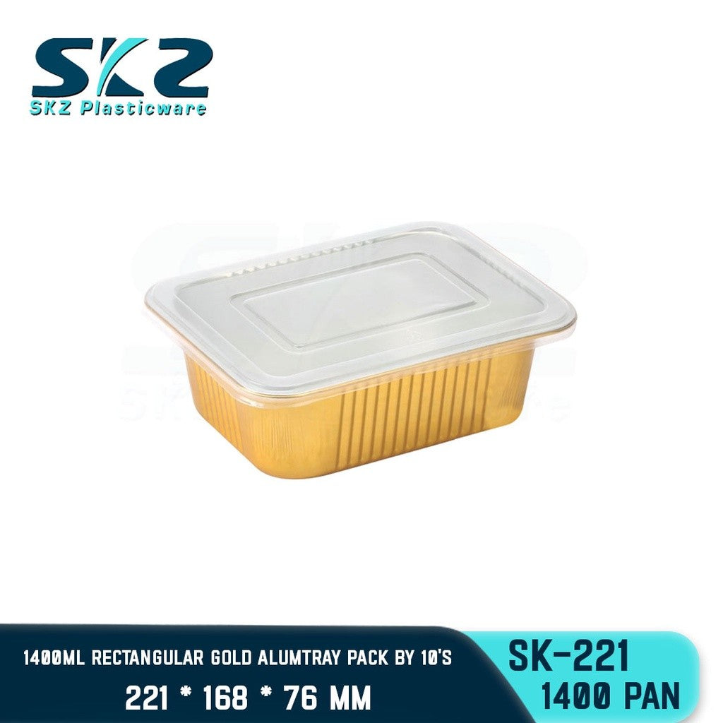 SKZ W/Lid RECTANGULAR GOLD ALUMINUM TRAY [SK-221 1400ml]  ENVIRONMENTAL FRIENDLY FOOD STORAGE