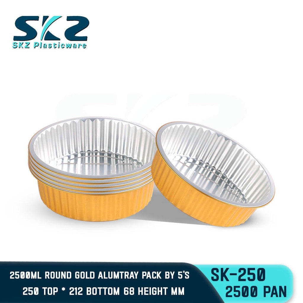 SKZ W/Lid ROUND GOLD ALUMINUM PAN [SK-250 2000ml]  DISPOSABLE ENVIRONMENTAL FRIENDLY FOOD STORAGE