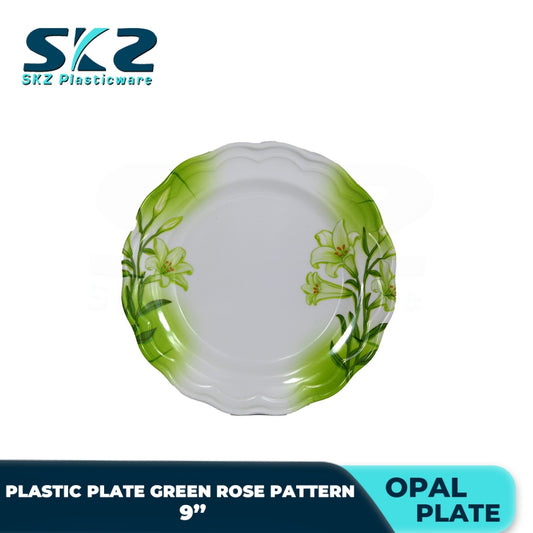 Melamine Round Plastic Plate Premium Green Rose Pattern 8-10 Inches