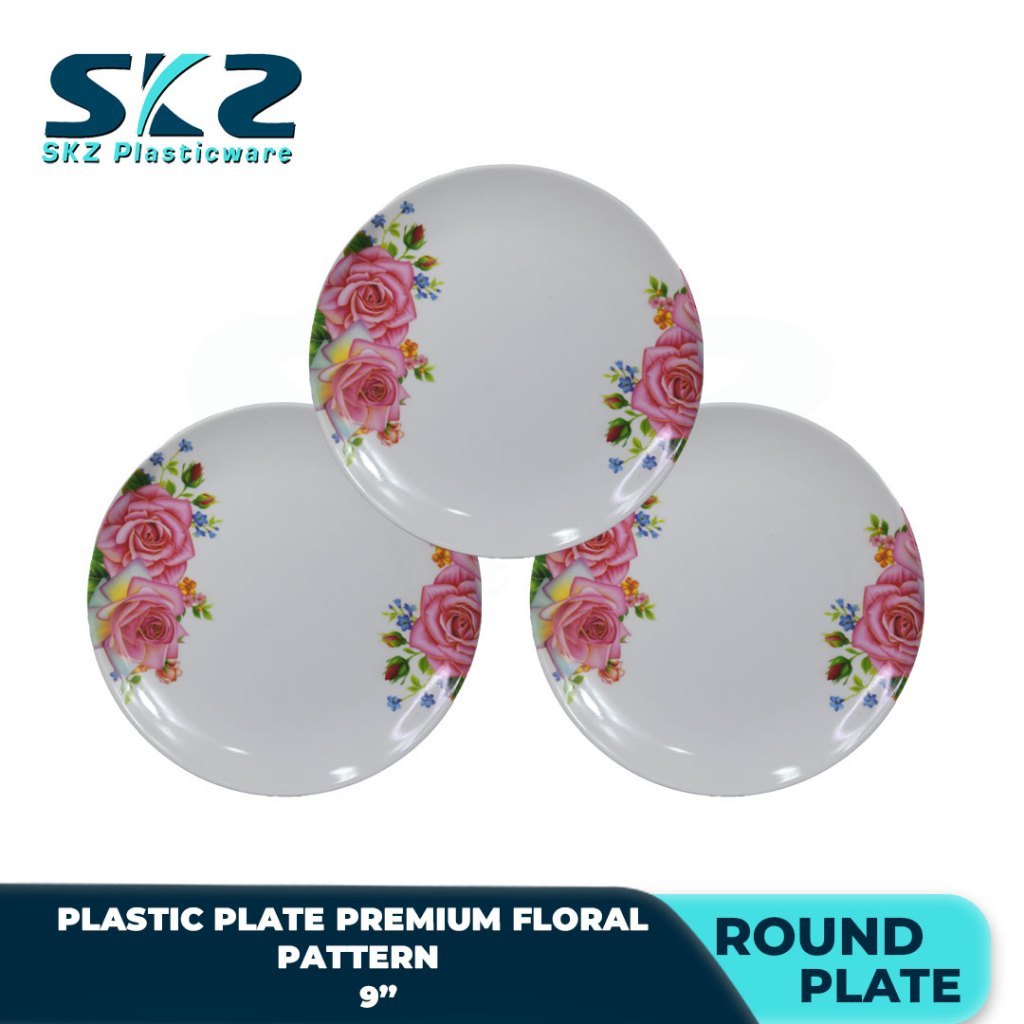 Melamine Round Plastic Plate Premium Rose Pattern 9-10 Inches