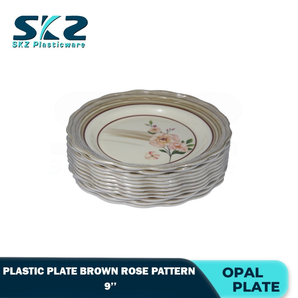 Melamine Round Plastic Plate Premium Brown Rose Pattern 8-10 Inches