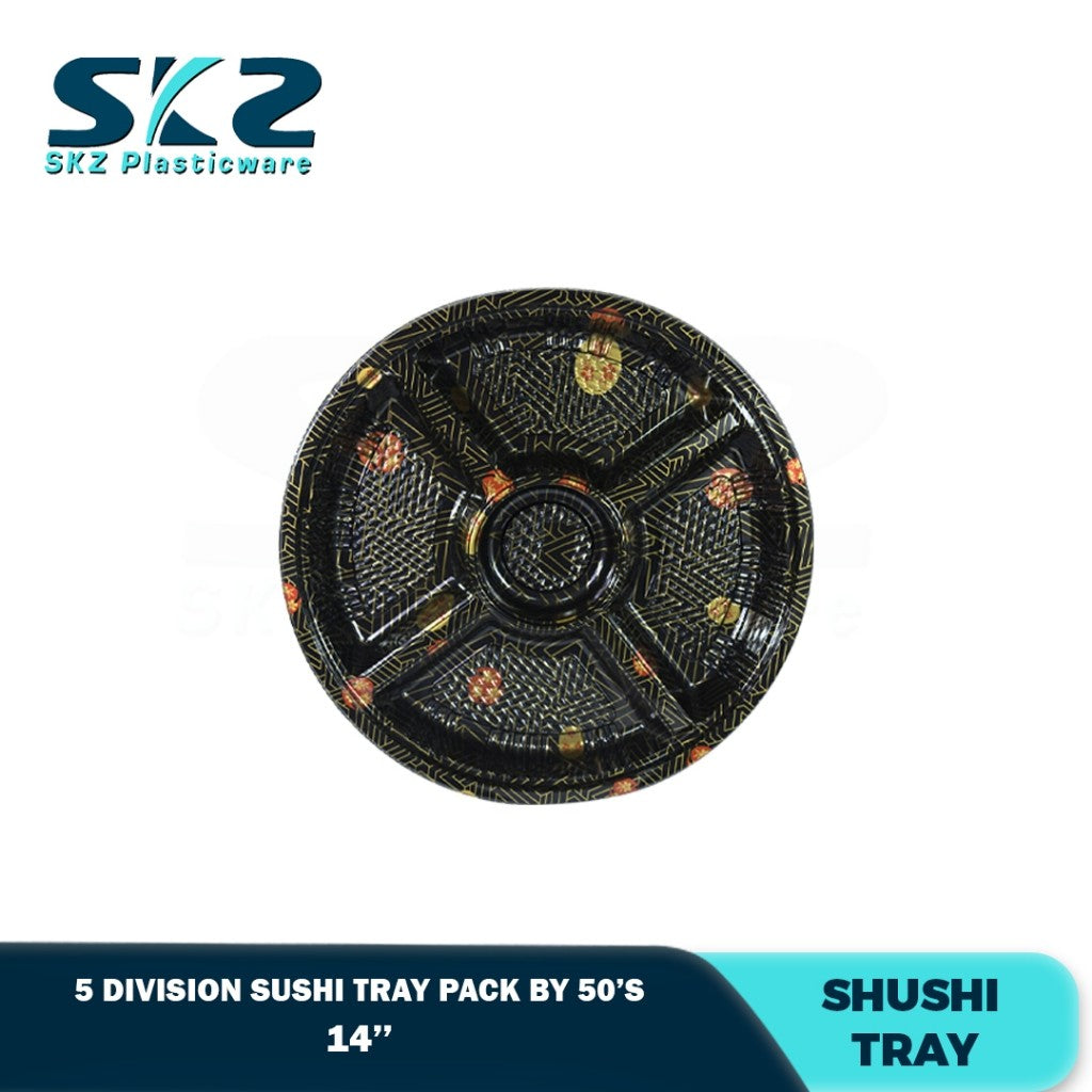 Skz Round Sakura Sushi Tray 5 Division W/Lid 10-14 inch