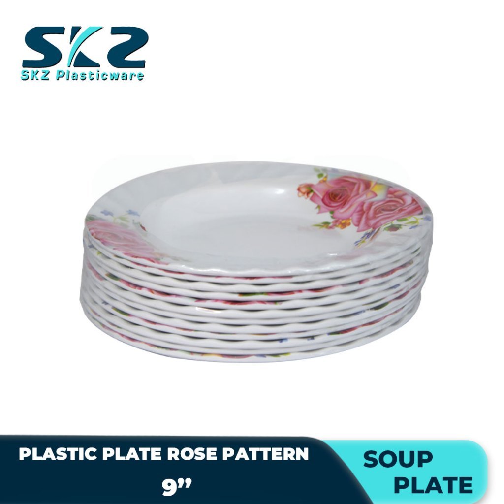 Melamine Round Plastic Plate Premium Rose Pattern 9-10 Inches