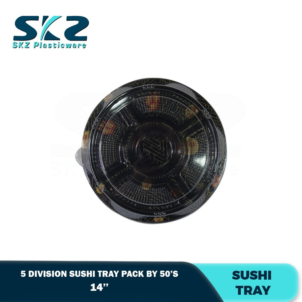 Skz Round Sakura Sushi Tray 5 Division W/Lid 10-14 inch