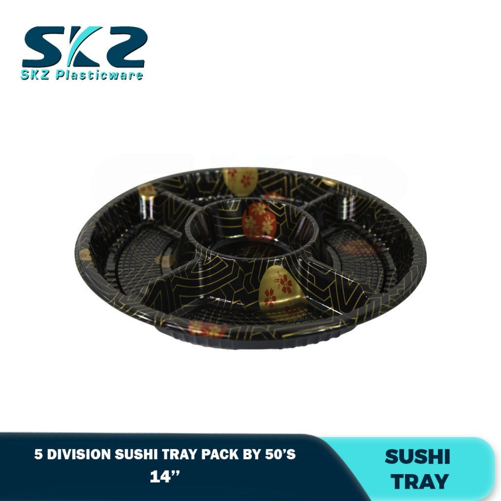 Skz Round Sakura Sushi Tray 5 Division W/Lid 10-14 inch