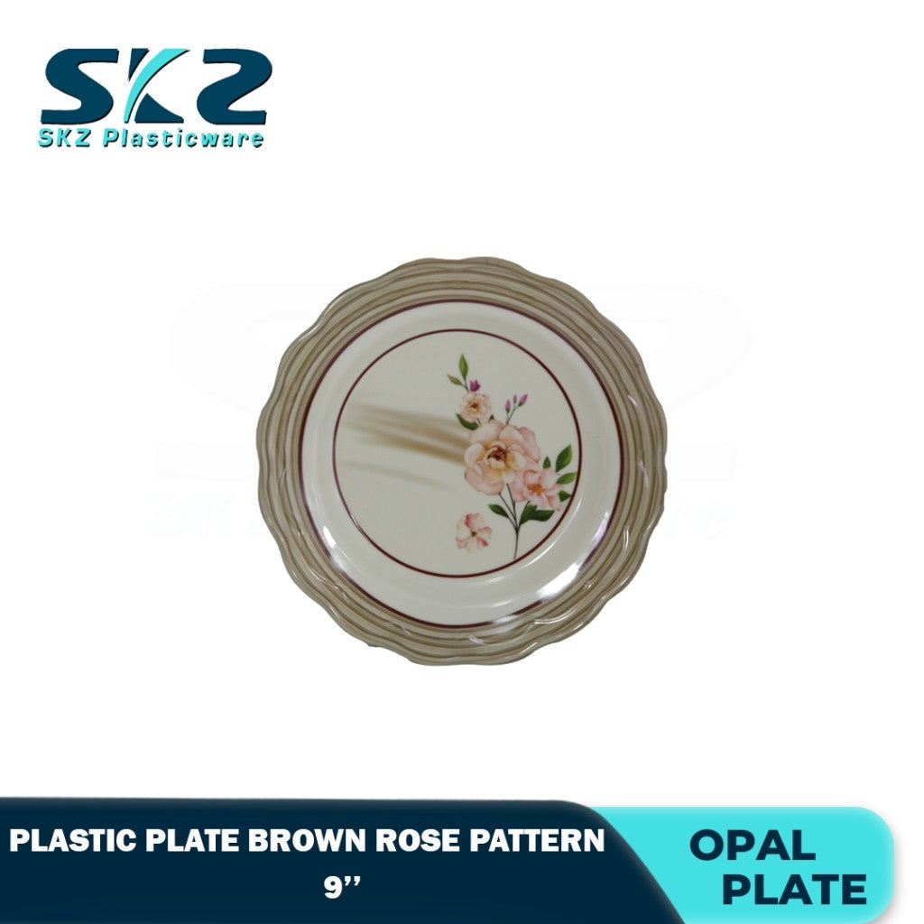 Melamine Round Plastic Plate Premium Brown Rose Pattern 8-10 Inches