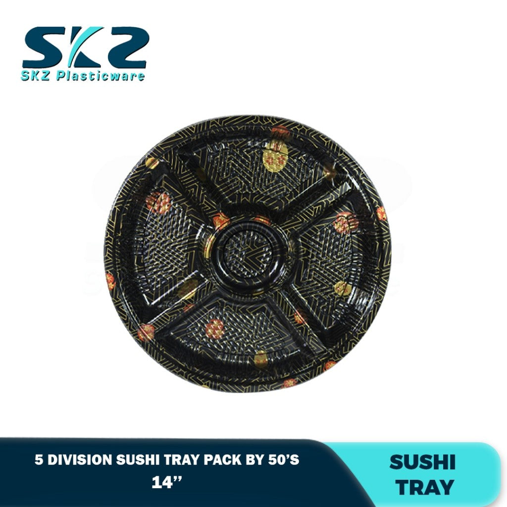 Skz Round Sakura Sushi Tray 5 Division W/Lid 10-14 inch