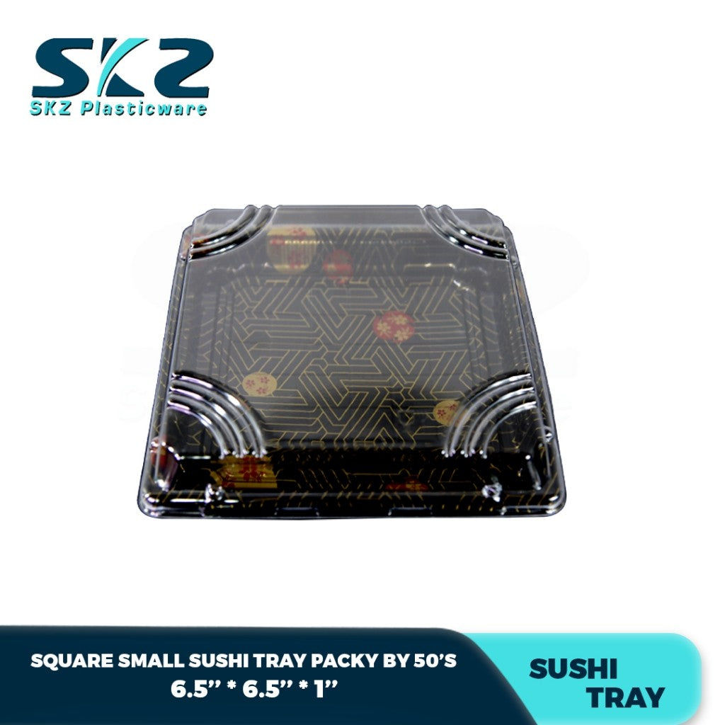 Skz Square Small and Medium Sakura Sushi Tray W/Lid 10-14 inch