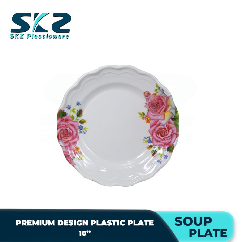 Melamine Round Plastic Plate Premium Rose Pattern 9-10 Inches