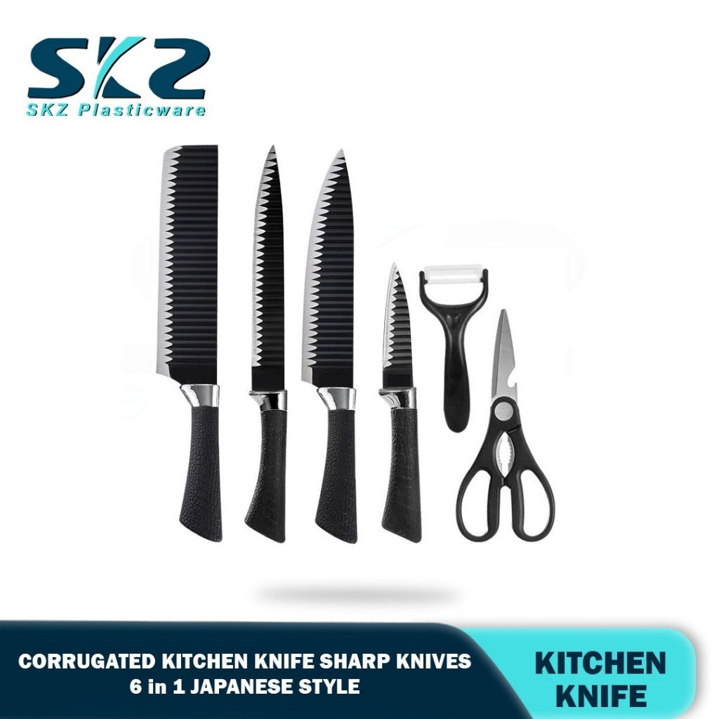 SKZ New 6Pcs Kitchen Knives Black Wave Pattern Knives Stainless Steel Knife Sets