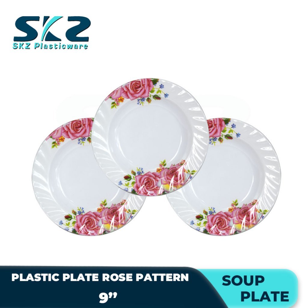 Melamine Round Plastic Plate Premium Rose Pattern 9-10 Inches
