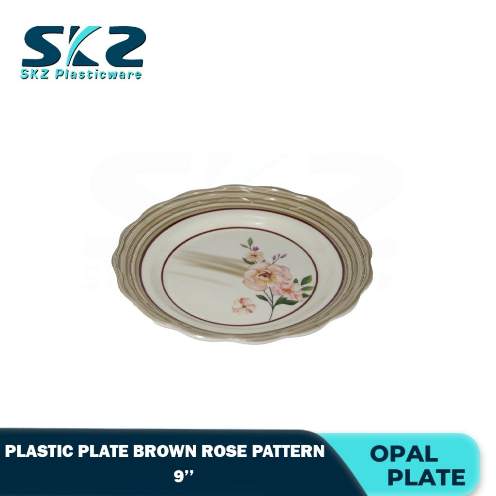 Melamine Round Plastic Plate Premium Brown Rose Pattern 8-10 Inches