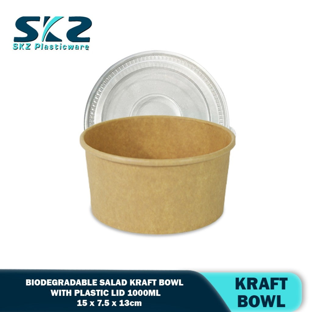 SKZ 1000ML Biodegradable salad kraft bowl with plastic lid 50pcs