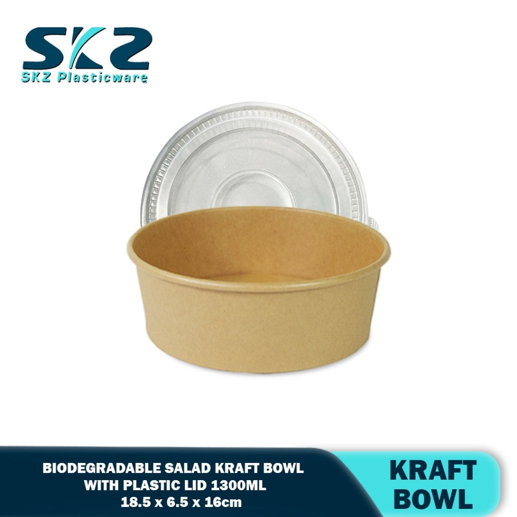 Skz Eco Friendly Kraft Paper Salad Bowl With PET Lid and Separator 1300ml