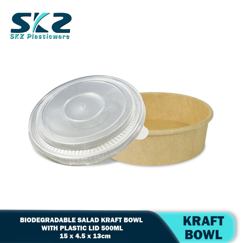 SKZ 500ML Biodegradable salad kraft bowl with plastic lid 50pcs