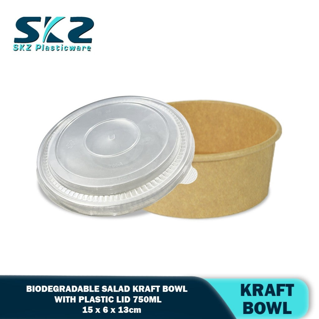 SKZ 750ML Biodegradable salad kraft bowl with plastic lid 50pcs