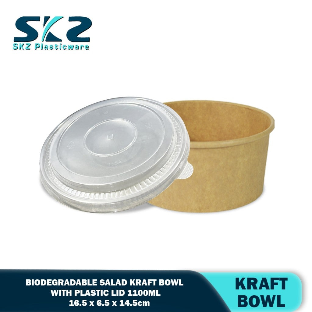 SKZ 1100ML Biodegradable salad kraft bowl with plastic lid 50pcs