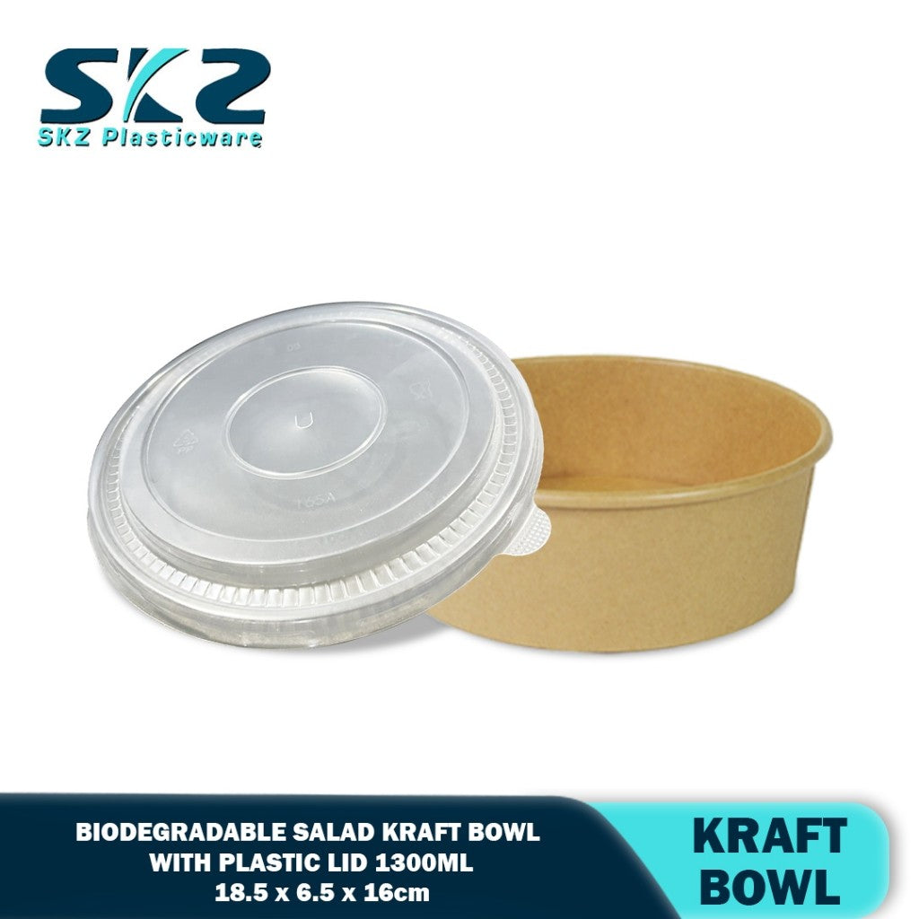 Skz Eco Friendly Kraft Paper Salad Bowl With PET Lid and Separator 1300ml