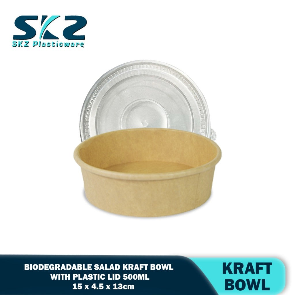 SKZ 500ML Biodegradable salad kraft bowl with plastic lid 50pcs