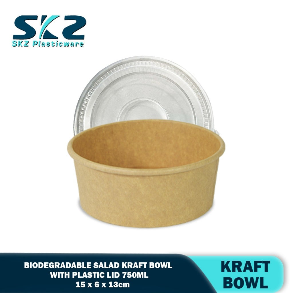 SKZ 750ML Biodegradable salad kraft bowl with plastic lid 50pcs
