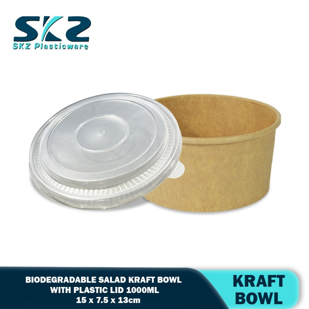 SKZ 1000ML Biodegradable salad kraft bowl with plastic lid 50pcs