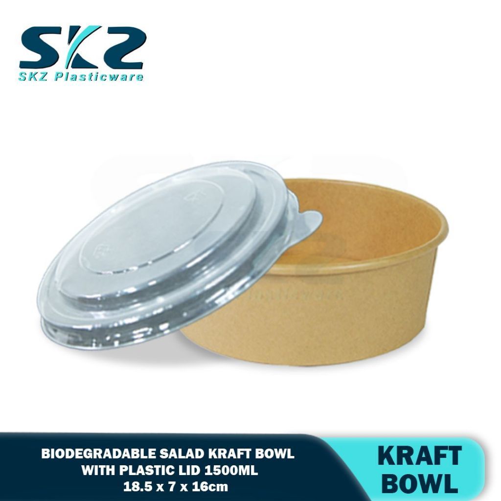 SKZ 1500ML Biodegradable salad kraft bowl with plastic lid 50pcs