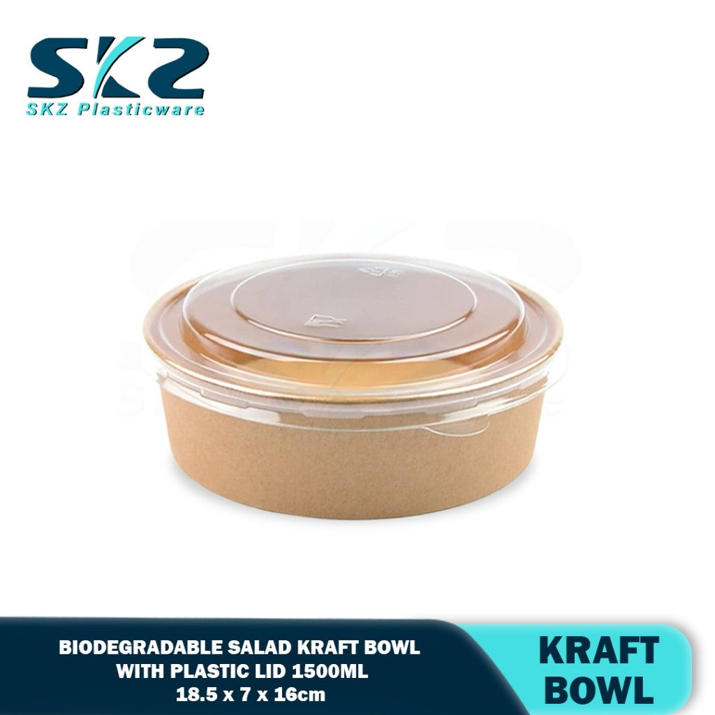 SKZ 1500ML Biodegradable salad kraft bowl with plastic lid 50pcs
